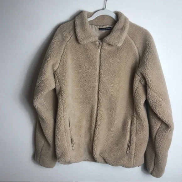 Women’s BRANDY MELVILLE Willow Tan Zip Up Teddy Sherpa Coat Jacket OS - Picture 2 of 4